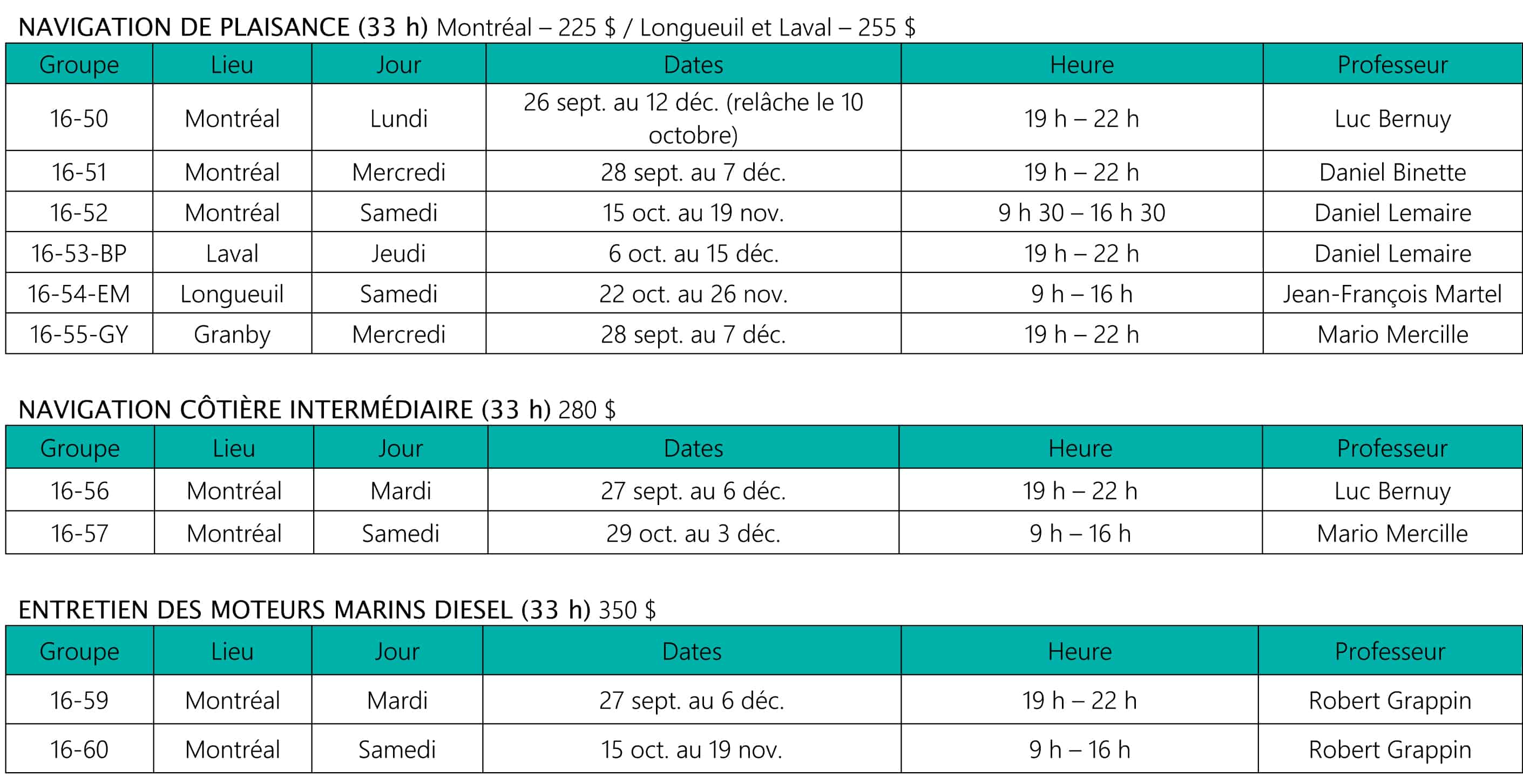 Ecole de navigation de plaisance - Societe de sauvetage - Horaire - Automne 2016 - P1