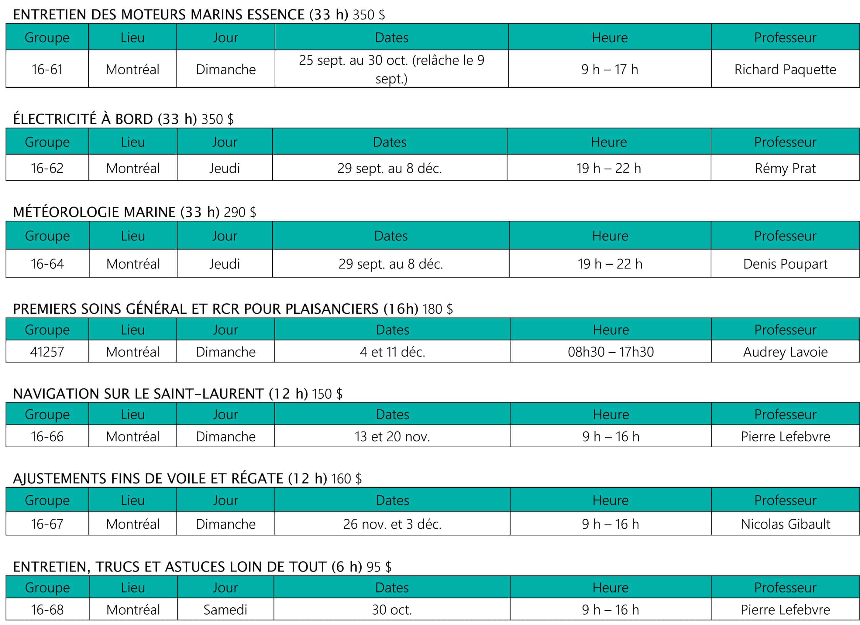 Ecole de navigation de plaisance - Societe de sauvetage - Horaire - Automne 2016 - P2