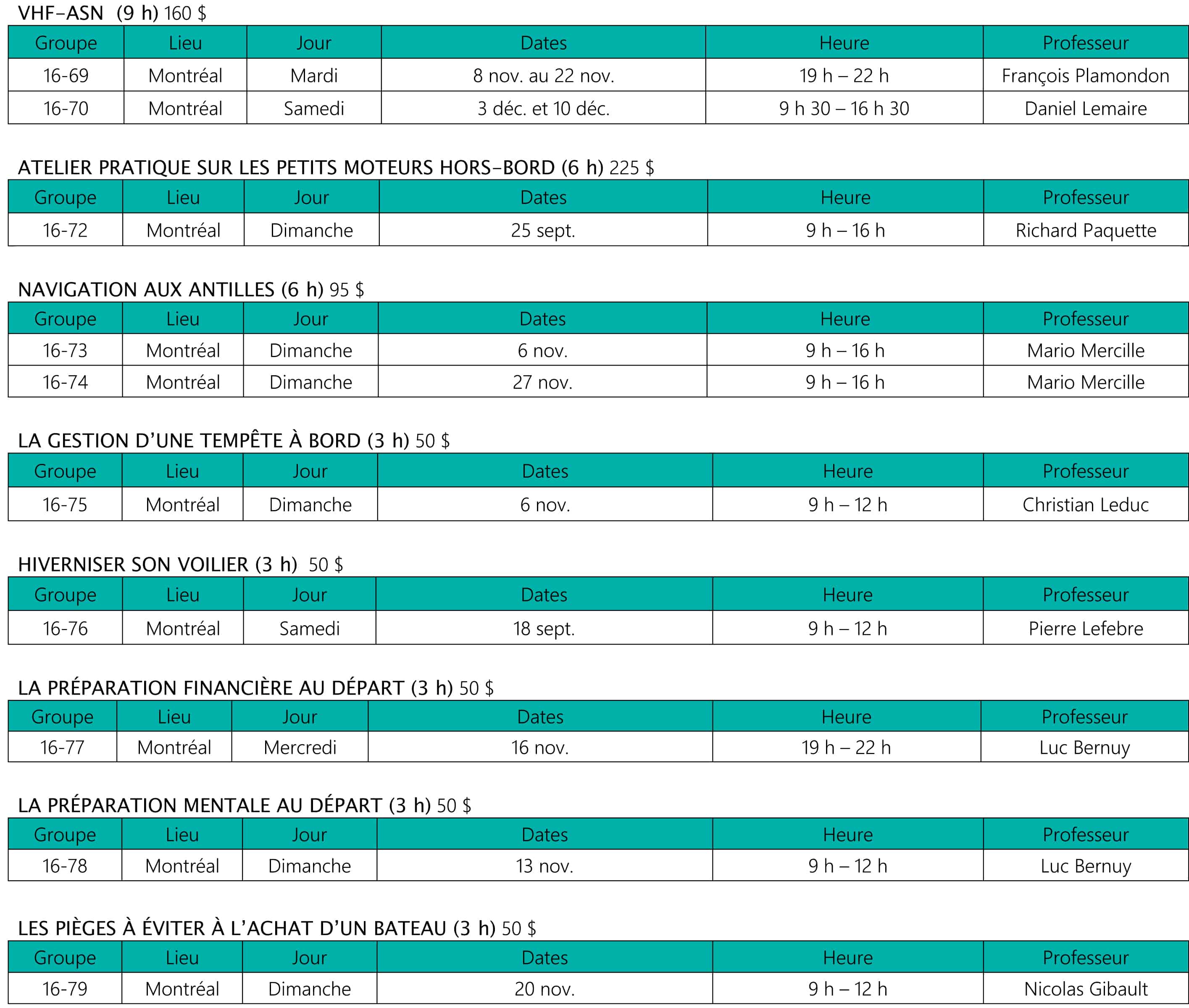 Ecole de navigation de plaisance - Societe de sauvetage - Horaire - Automne 2016 - P3-v2