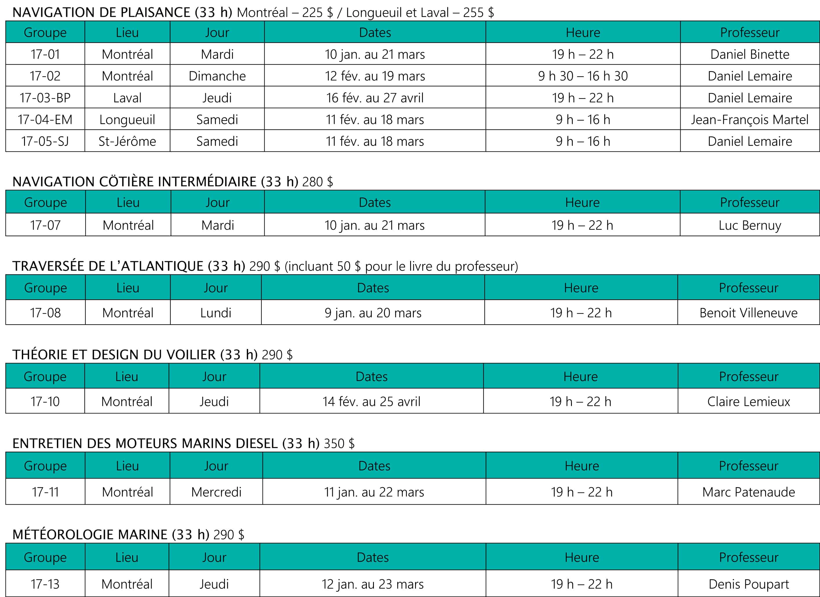 Ecole de navigation de plaisance - Societe de sauvetage - Horaire - Hiver 2017 - P1