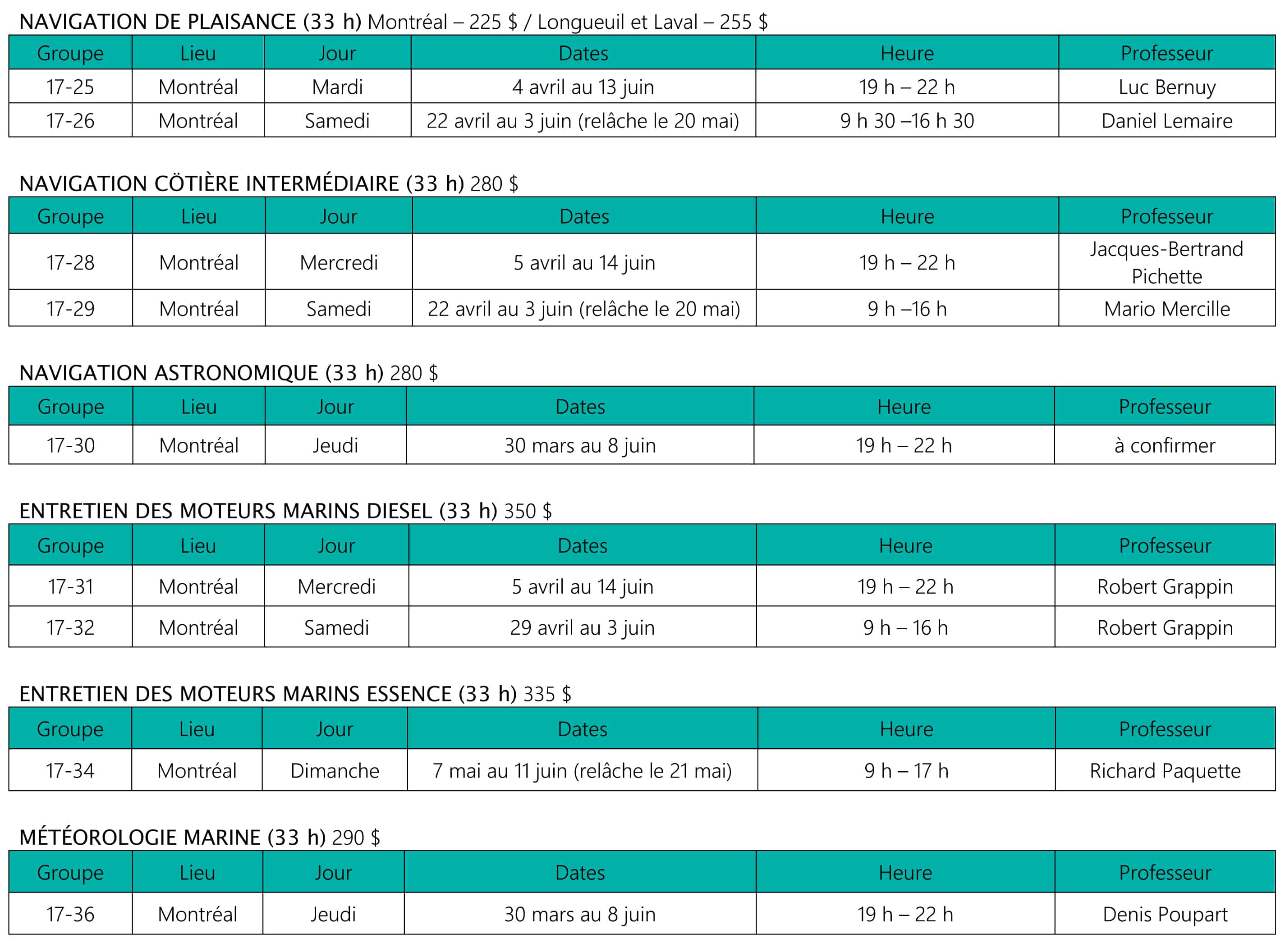 Ecole de navigation de plaisance - Societe de sauvetage - Horaire - Printemps 2017 - P1