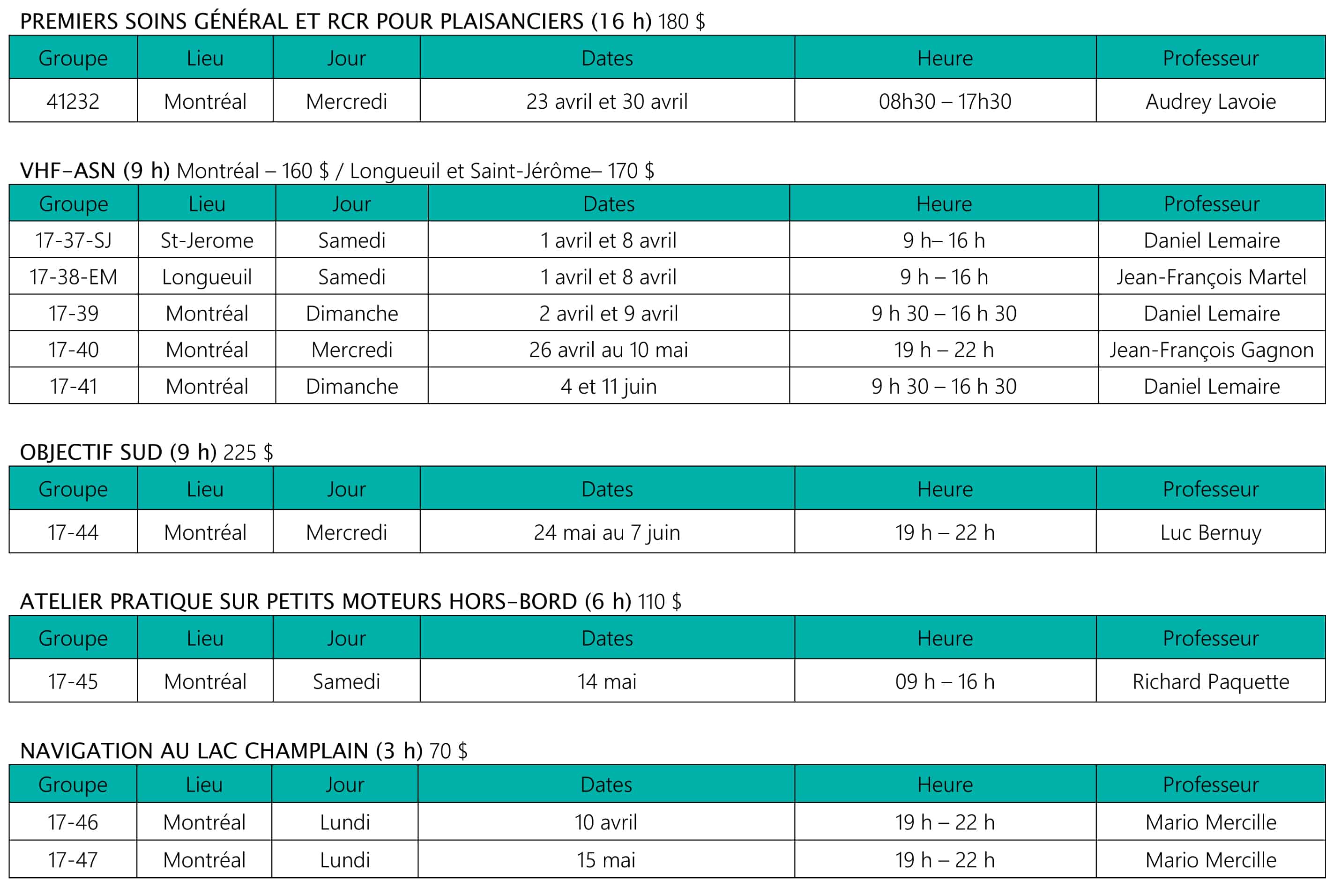 Ecole de navigation de plaisance - Societe de sauvetage - Horaire - Printemps 2017 - P2