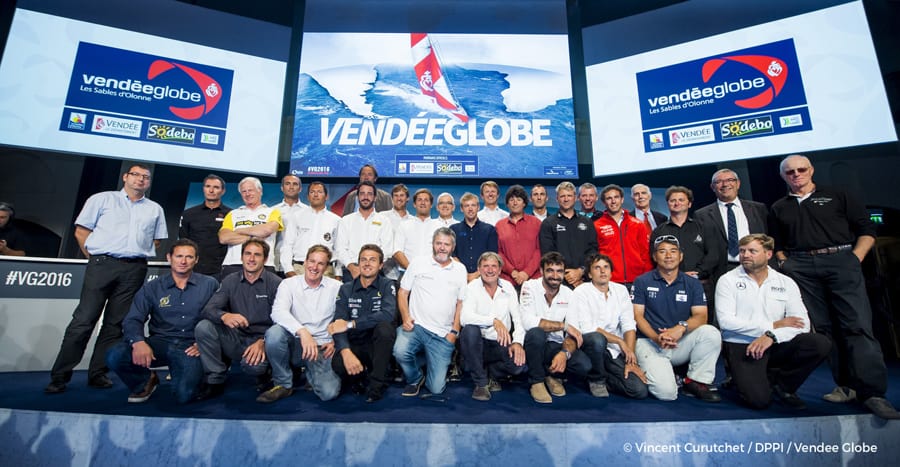 Skippers and officials picture during official launch of the Vendee Globe 2016 at Palais Brongniart in Paris, France, on september 14, 2016 - Photo Vincent Curutchet / DPPI / Vendee Globe - From left to right - 1st row : Sebastien Josse, Morgan Lagraviere, Conrad Colman, Stephane Le Diraison, Enda O'Coineen, Kito de Pavant, Alan Roura, Didac Costa, Kojiro Shiraishi, Alex Thomson, Nandor Fa - 2nd row : Pieter Heerema, Romain Attanasio, Louis Burton, Eric Bellion, Thomas Ruyant, Jean Le Cam, Yann Elies, Tanguy de Lamotte, Arnaud Boissieres - 3rd row : Jeremie Beyou, Fabrice Amedeo, Bertrand de Broc, Paul Meilhat, Vincent Riou, Jean-Pierre Dick, Armel Le Cleac’h, Sebastien Destremau, Rich Wilson - Officials : Yves Auvinet (CG85 President) on the right