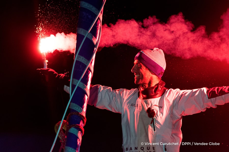 Finish arrival of Armel Le Cleac’h (FRA), skipper Banque Populaire VIII, winner of the sailing circumnavigation solo race Vendee Globe, in 74d 3h 35min 46sec, with flares in Les Sables d'Olonne, France, on January 19th, 2017 - Photo Vincent Curutchet / DPPI / Vendee Globe Arrivée de Armel Le Cleac’h (FRA), skipper Banque Populaire VIII, vainqueur du Vendee Globe en 74j 3h 35min 46sec, aux Sables d'Olonne, France, le 19 Janvier 2017 - Photo Vincent Curutchet / DPPI / Vendee Globe