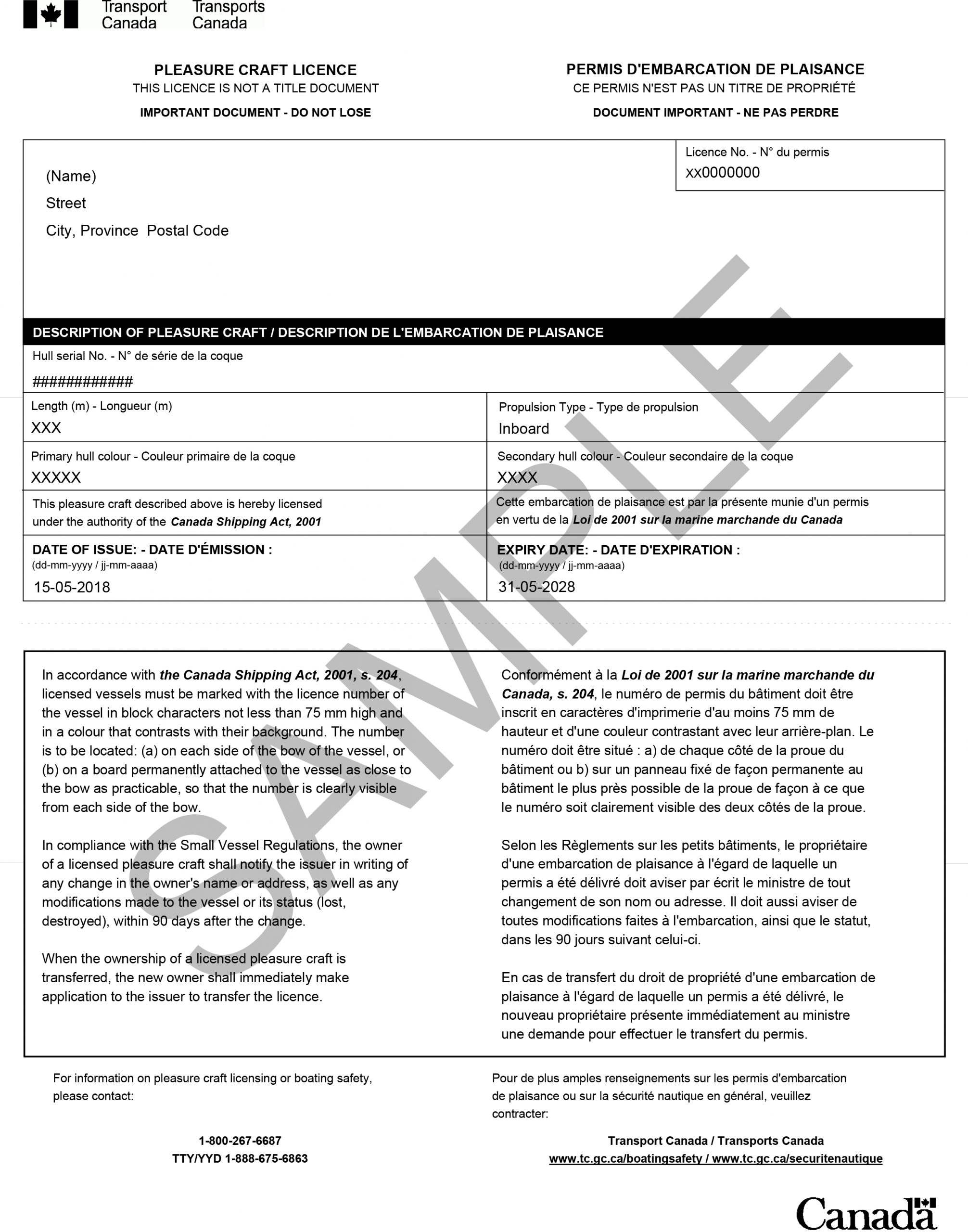 Permis d'embarcation de plaisance. / Pleasure Craft Licence.