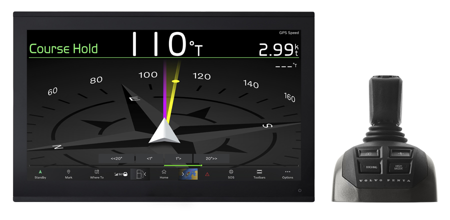 Pilote automatique avec joystick de Volvo Penta. Crédit photo : Volvo Penta.