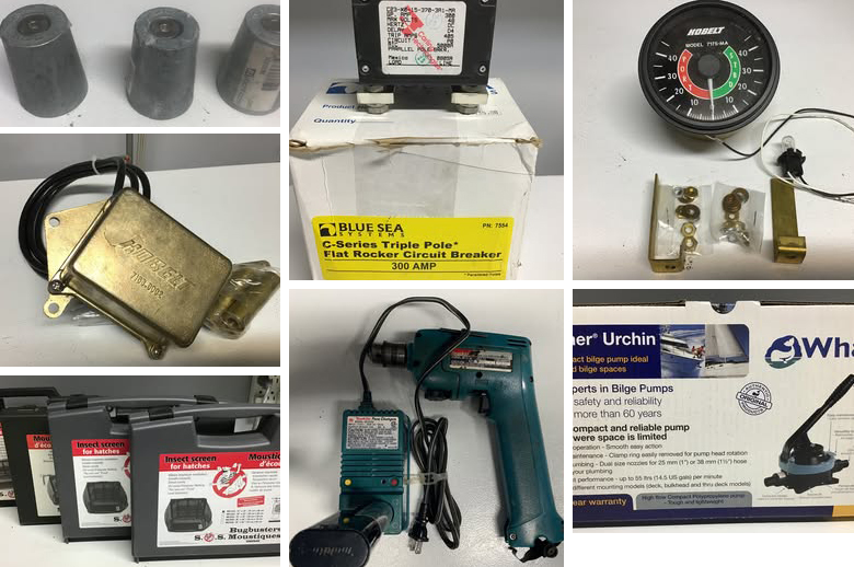 Articles nautiques à vendre : anodes, barre et indicateur d'angle de gouvernail, disjoncteur triple, moustiquaires, perceuse Makita et pompe de cale Whale.