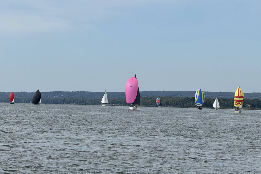 Flotte de voiliers utilisant le spi. Tour de l’île 2025. Crédit photo : Isabelle Tremblay.