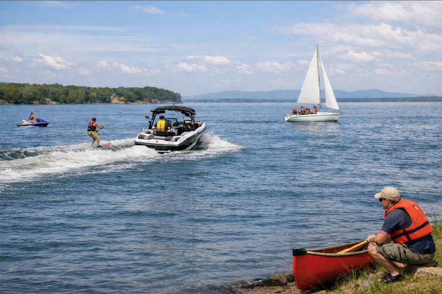 Motomarine, bateau motorisé, voilier et canot. Image générée par ChatGPT.