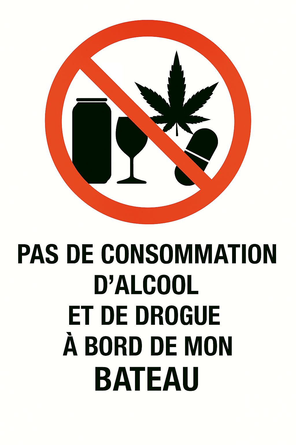 Pas de consommation d'alcool et de drogue à bord de mon bateau. Image générée par Copilot.
