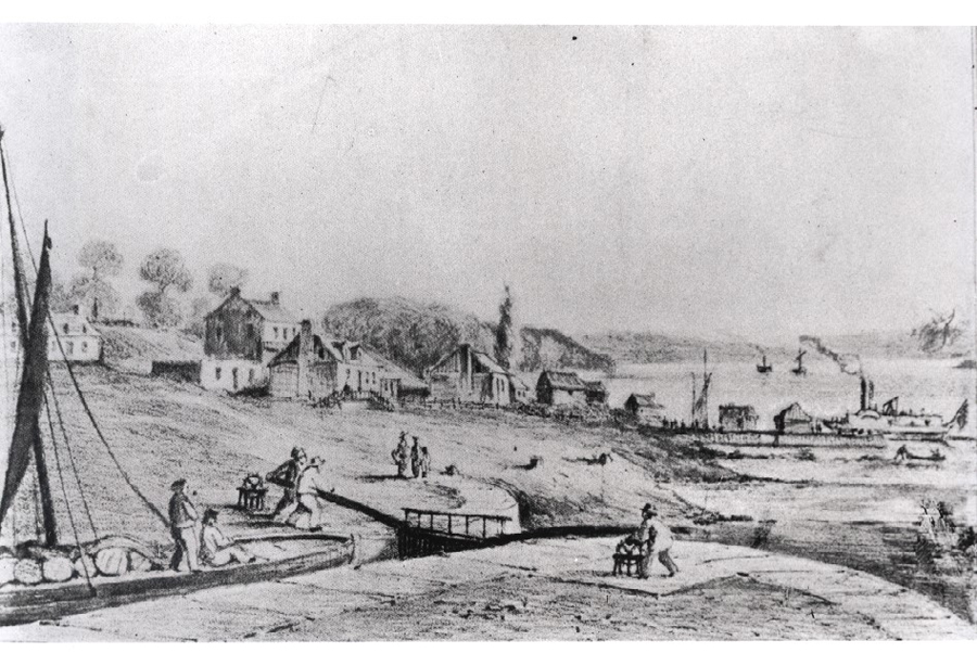 L'entrée du canal de Carillon en 1854. Source : Austin William Augustus / Archives nationales du Canada / C-000488, 1854.